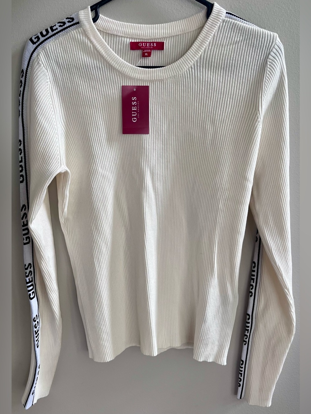 GUESS Cream Ribbed Long-Sleeve Logo Tape Sleeve Sweater - Picture 1 of 2